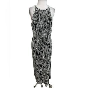 Vintage Stenay silk beaded sequin gown maxi with slit black white Sz 8